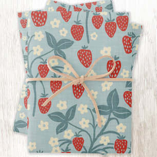 Vintage-Erdbeere-Cottagecore-Florales-Botanisches Geschenkpapier Set