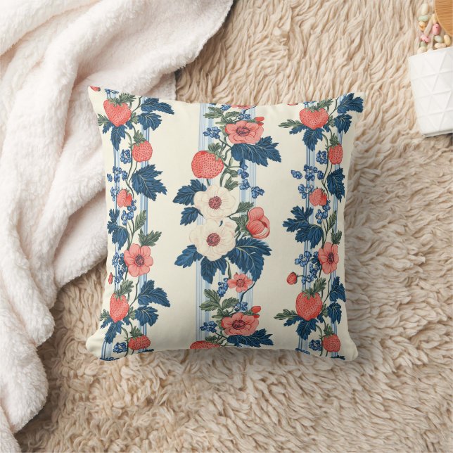 Vintage Erdbeeren & Blaue Blätter Blumenmuster Kissen (Decke)