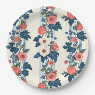 Vintage Erdbeeren & Blaue Blätter Blumenmuster Pappteller