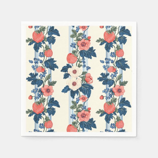 Vintage Erdbeeren & Blaue Blätter Blumenmuster Serviette (Vorderseite)