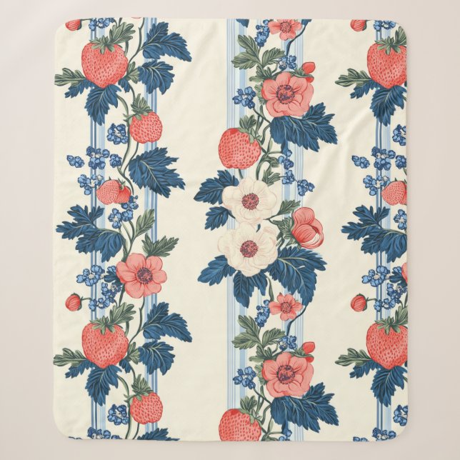 Vintage Erdbeeren & Blaue Blätter Blumenmuster Sherpadecke (Vorderseite)
