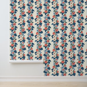 Vintage Erdbeeren & Blaue Blätter Blumenmuster Tapete