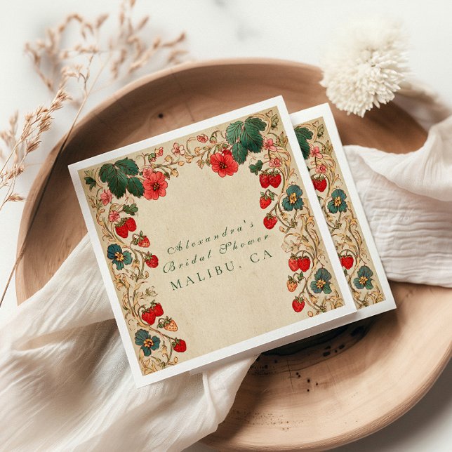 Vintage-Erdbeeren-Botanische-Hochzeitsdusche Serviette (Von Creator hochgeladen)