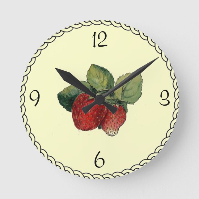 Vintage Erdbeeren-Illustrationsmauer Runde Wanduhr (Vorderseite)