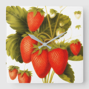 Vintage Erdbeeren mit grünen Blättern Quadratische Wanduhr