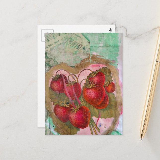 Vintage-Erdbeeren Mixed-Media-Collage Postkarte (Vorderseite/Rückseite Beispiel)