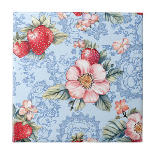 Vintage-Erdbeeren- und Blumenmuster Fliese