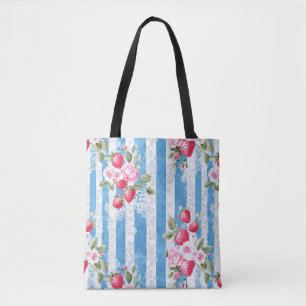 Vintage Erdbeeren und Blüten auf blauen Streifen
