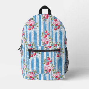 Vintage Erdbeeren und Blüten auf blauen Streifen Bedruckter Rucksack