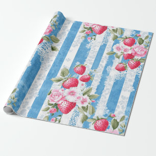 Vintage Erdbeeren und Blüten auf blauen Streifen Geschenkpapier