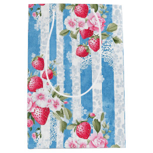 Vintage Erdbeeren und Blüten auf blauen Streifen Mittlere Geschenktüte