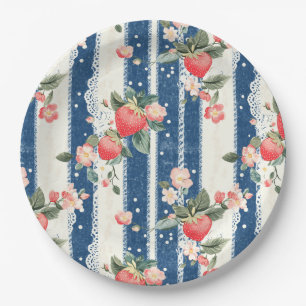 Vintage Erdbeeren und Blüten auf blauen Streifen ( Pappteller