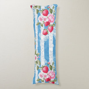 Vintage Erdbeeren und Blüten auf blauen Streifen Seitenschläferkissen