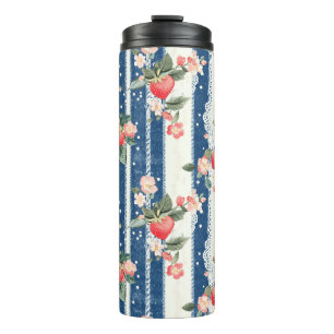 Vintage Erdbeeren und Blüten auf blauen Streifen ( Thermosbecher