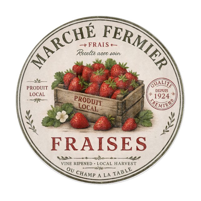 Vintage Erdbeeren vom französischen Bauernmarkt Schneidebrett (Vorderseite)