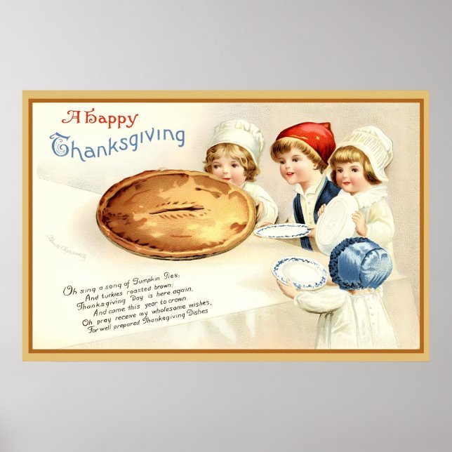 Vintage Erntedank Children & Pumpkin Pie Card Poster (Vorne)