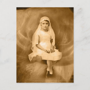 Vintage Erstkommunion Mädchen, Kleid, Schleier, Ro Postkarte