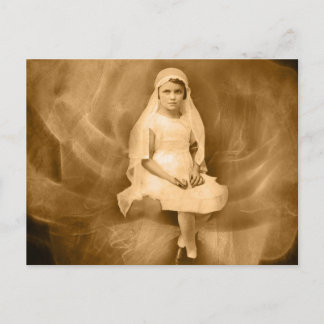 Vintage Erstkommunion Mädchen, Kleid, Schleier, Ro Postkarte