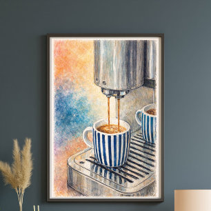 Vintage Espresso-Kaffee-Kunstposter – Blau gestrei Poster