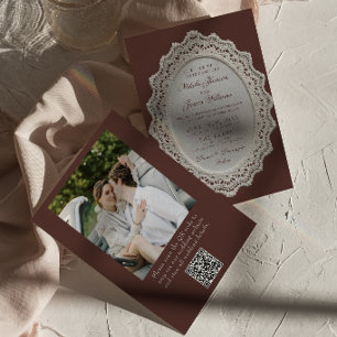 Vintage-Espresso-Spitzen-Doily-QR-Code-Foto-Hochze Einladung