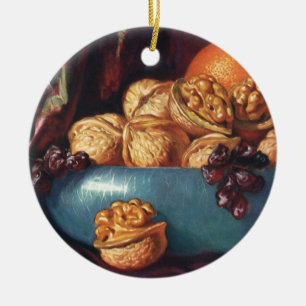 Vintage-Essen, Walnüsse und Früchte in einer blaue Keramik Ornament