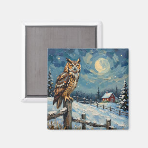 Vintage Eule auf Zaun über gefrorenem Weihnachtsfe Magnet