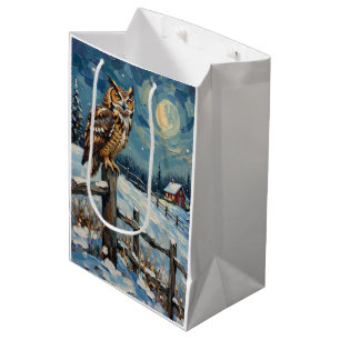 Vintage Eule auf Zaun über gefrorenem Weihnachtsfe Mittlere Geschenktüte