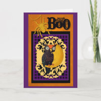 Vintage Eule Halloween Card. Boo, Lila, orange