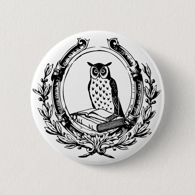 Vintage-Eule-und-Buch-Exlibris Button (Vorderseite)