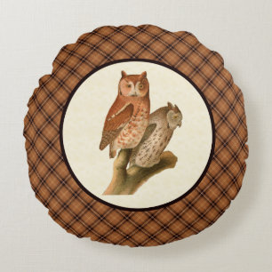 Vintage Eulen mit rustikalem orangefarbenem Herbst Rundes Kissen