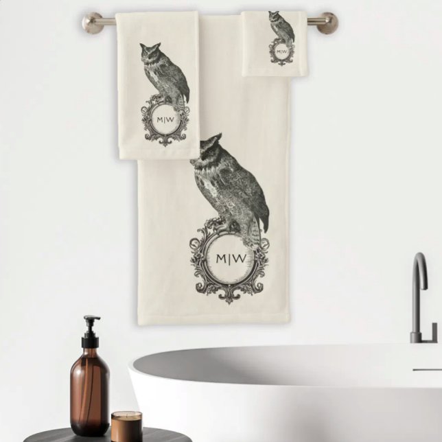 Vintage-Eulen-Monogramm Elfenbein-Schwarz Badhandtuch Set (Von Creator hochgeladen)