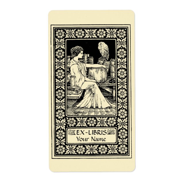 Vintage Ex Libris Girl, Pen, Books & Owl Template (Vorne)