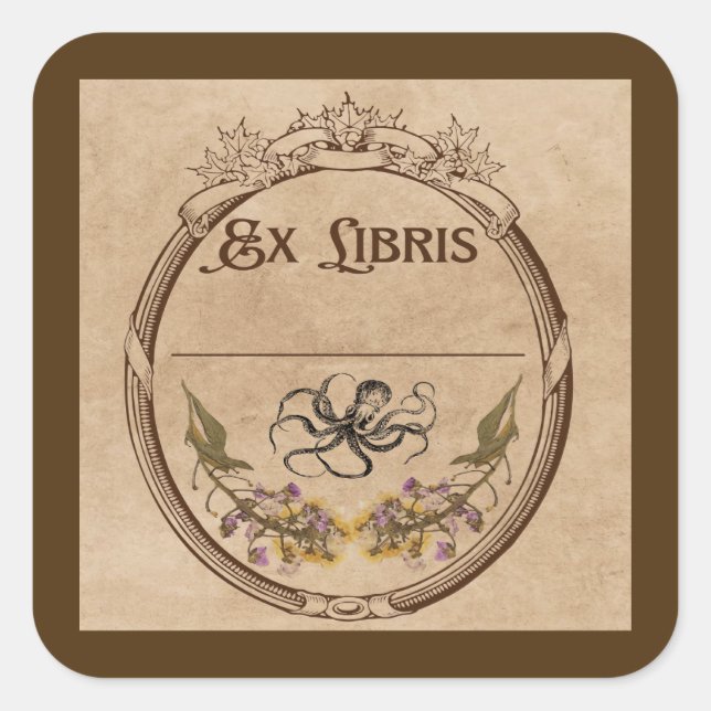 Vintage-Exlibris mit Oktopus Quadratischer Aufkleber (Vorderseite)
