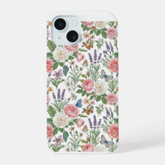 Vintage F mit rosa Rosen und Lavenderschmetterling iPhone 15 Hülle