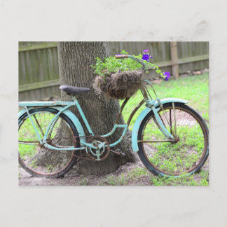 Vintage-Fahrrad-Blumenkorb Fahrrad im Garten Postkarte