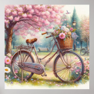 Vintage-Fahrrad mit Blumen in einem Park Aquarell Poster