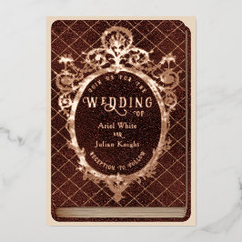 Vintage Fairytale Red Library Book Wedding Gold Folieneinladung