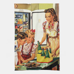 Vintage Familie in der Küche Mama Vater Kinder Sna Geschirrtuch
