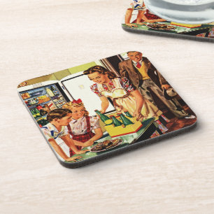 Vintage Familie in der Küche Mama Vater Kinder Sna Getränkeuntersetzer