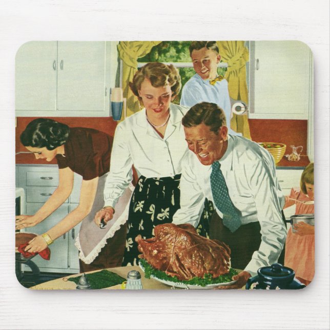 Vintage Familie Kochen Erntedank Abendessen Küche Mousepad (Vorne)