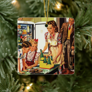 Vintage Familie, Mama mit Kindern, Snacks in der K Keramikornament