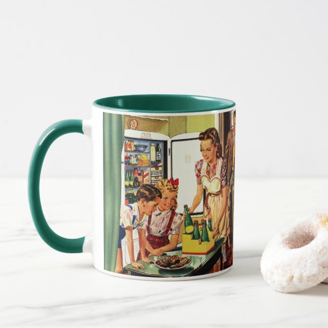 Vintage Familie, Mama mit Kindern, Snacks in der K Tasse (Mit Donut)