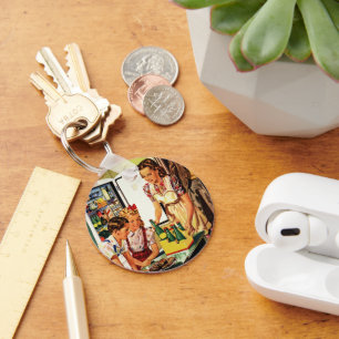 Vintage Familie, Mutter mit Kindern, Snacks in der Schlüsselanhänger