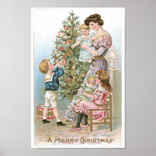 Vintage Familie um Weihnachtsbaum Poster