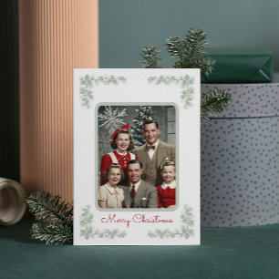 Vintage-Familienfoto im grünen Tannenrahmen zu Wei Feiertagskarte