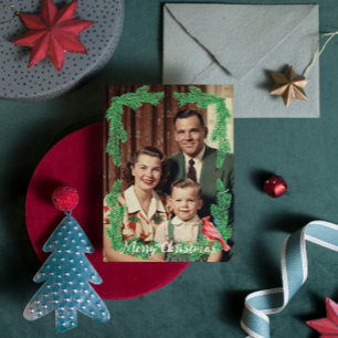 Vintage-Familienfoto-Kiefer-Vogel-Rahmen-Weihnacht Feiertagskarte