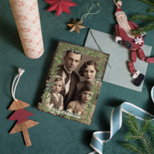 Vintage Familienfoto Kiefernkerzenrahmen Weihnacht Feiertagskarte