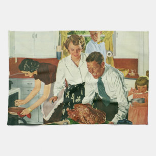 Vintage-Familienkoch-Thanksgiving-Abendessen in de Geschirrtuch