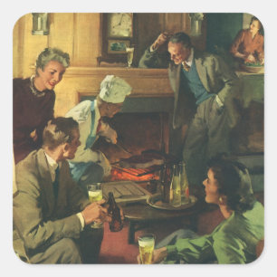 Vintage Familienparty, Steaks kochen Bier trinken Quadratischer Aufkleber