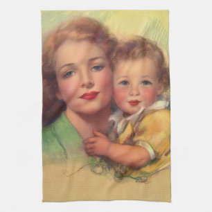 Vintage-Familienporträt von Mutter und Kind Geschirrtuch